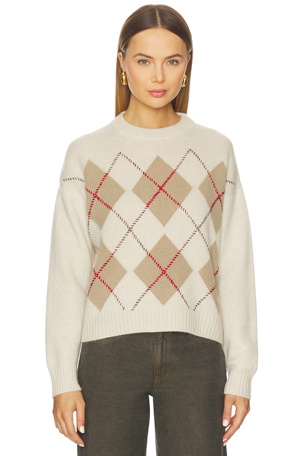 White & Warren Cashmere Argyle Crew Sweater in Natural Combo | REVOLVE