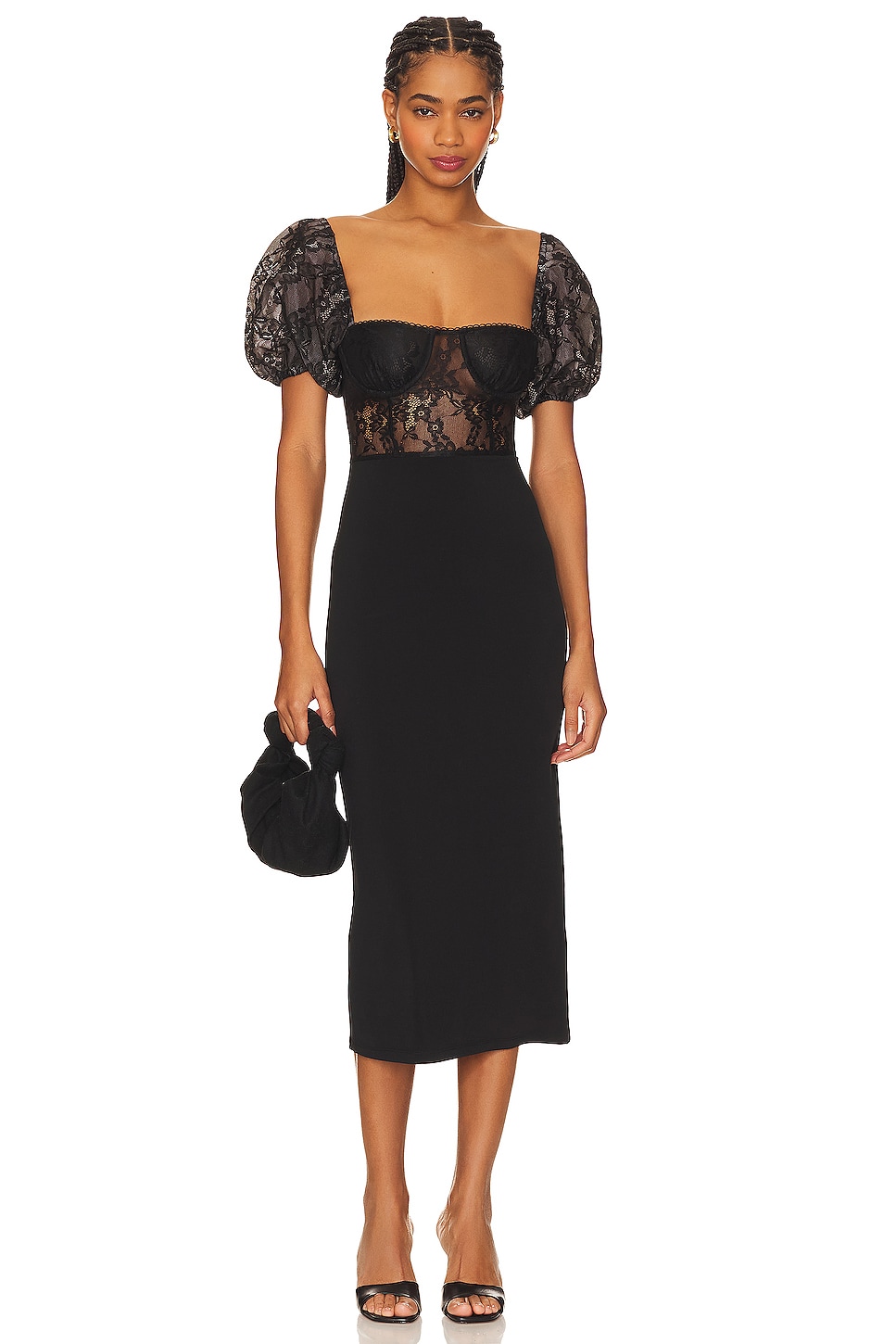WeWoreWhat Underwire Corset Midi Lace Dress in Black