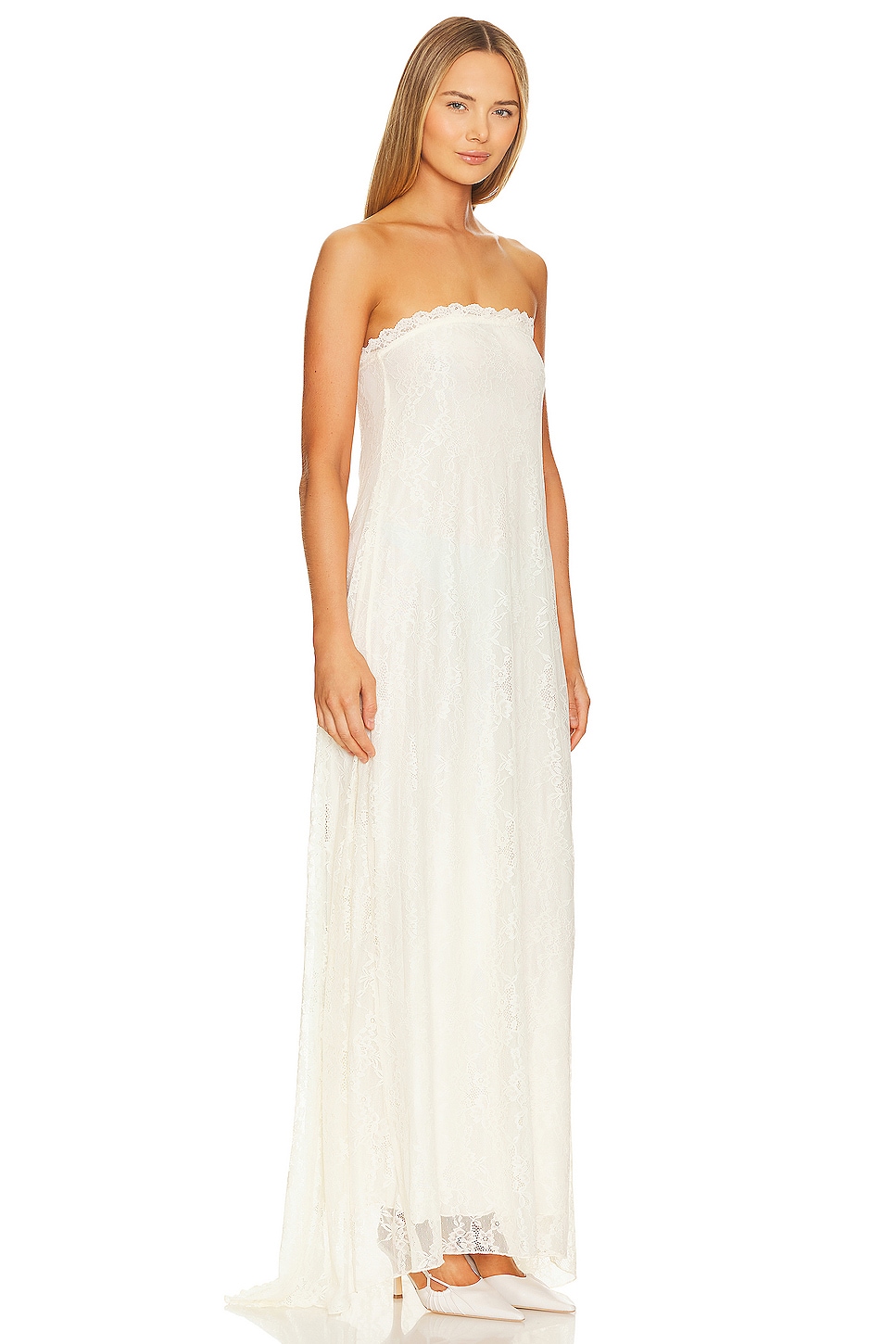 Strapless Lace Maxi Dress with Ribbon Belt and Crystal Buckle Details