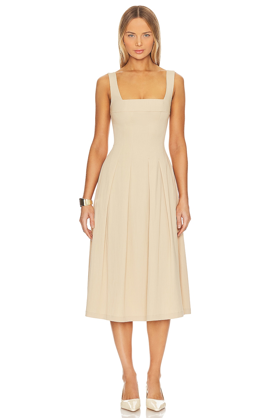 WeWoreWhat Corset Pleated Midi Dress in Beige | REVOLVE