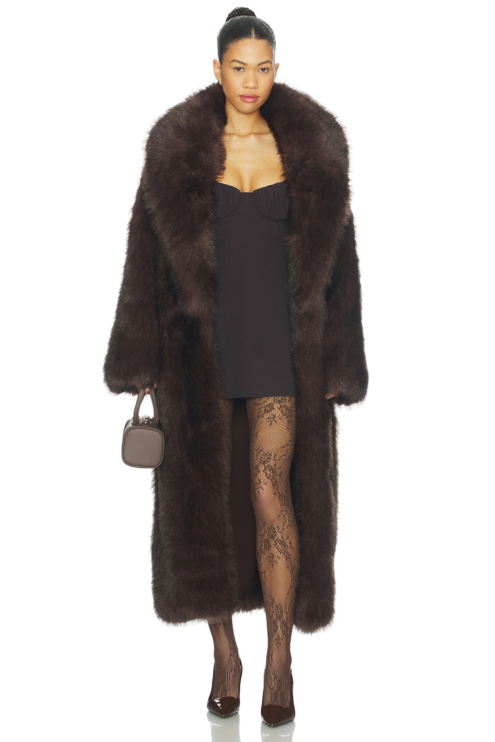 WeWoreWhat Long Faux Fur Jacket in Dark Brown | REVOLVE