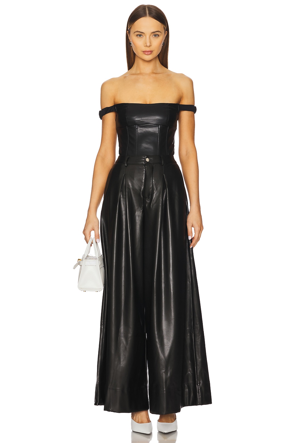 WeWoreWhat Off Shoulder Faux Leather Corset in Black | REVOLVE