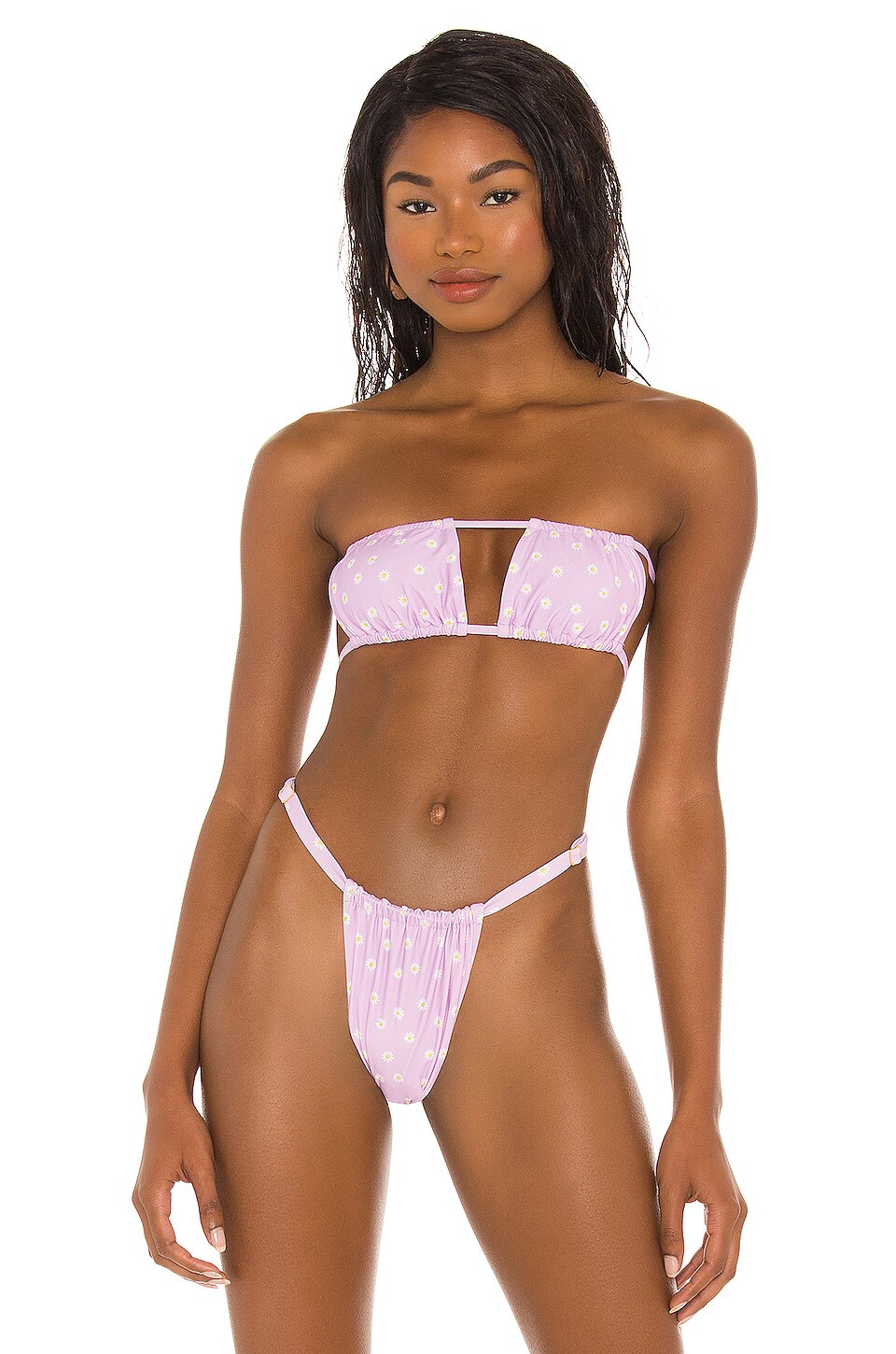 WeWoreWhat Ruched Bandeau Bikini Top Daisies Lilac