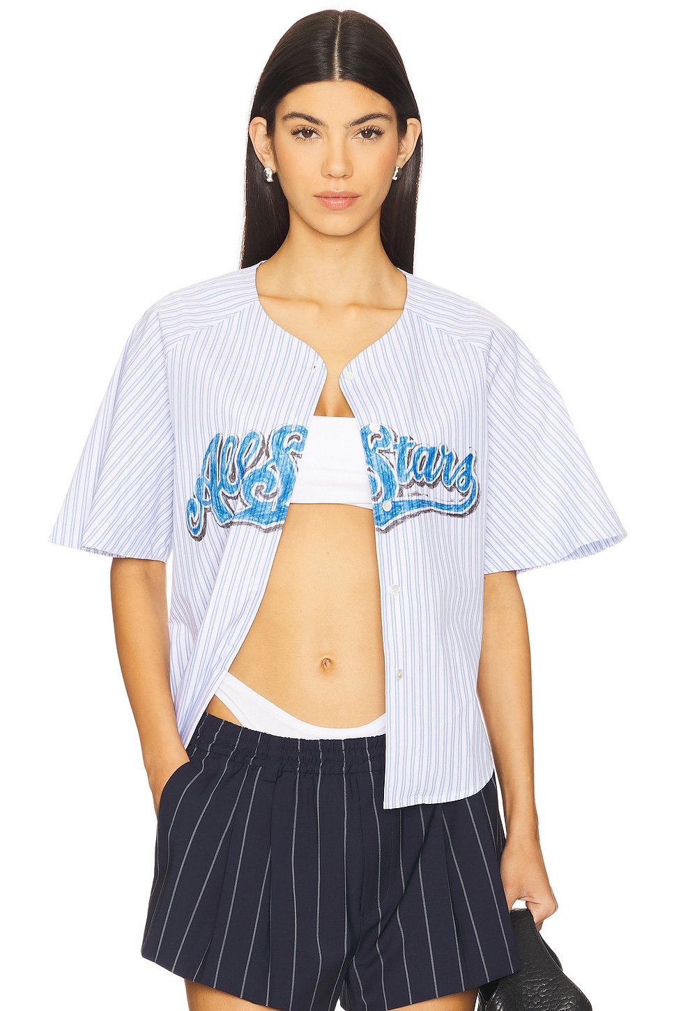 トップス yuhan wang Yuhan Wang Printed Stripe Shirt in Blue | REVOLVE