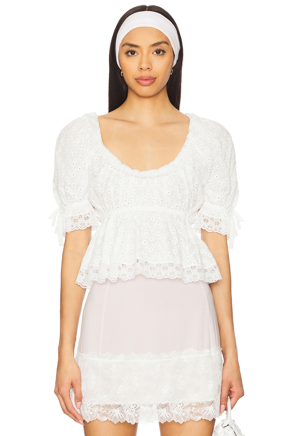 Yuhan Wang Floral Embroidered Short Sleeve Blouse in White | REVOLVE