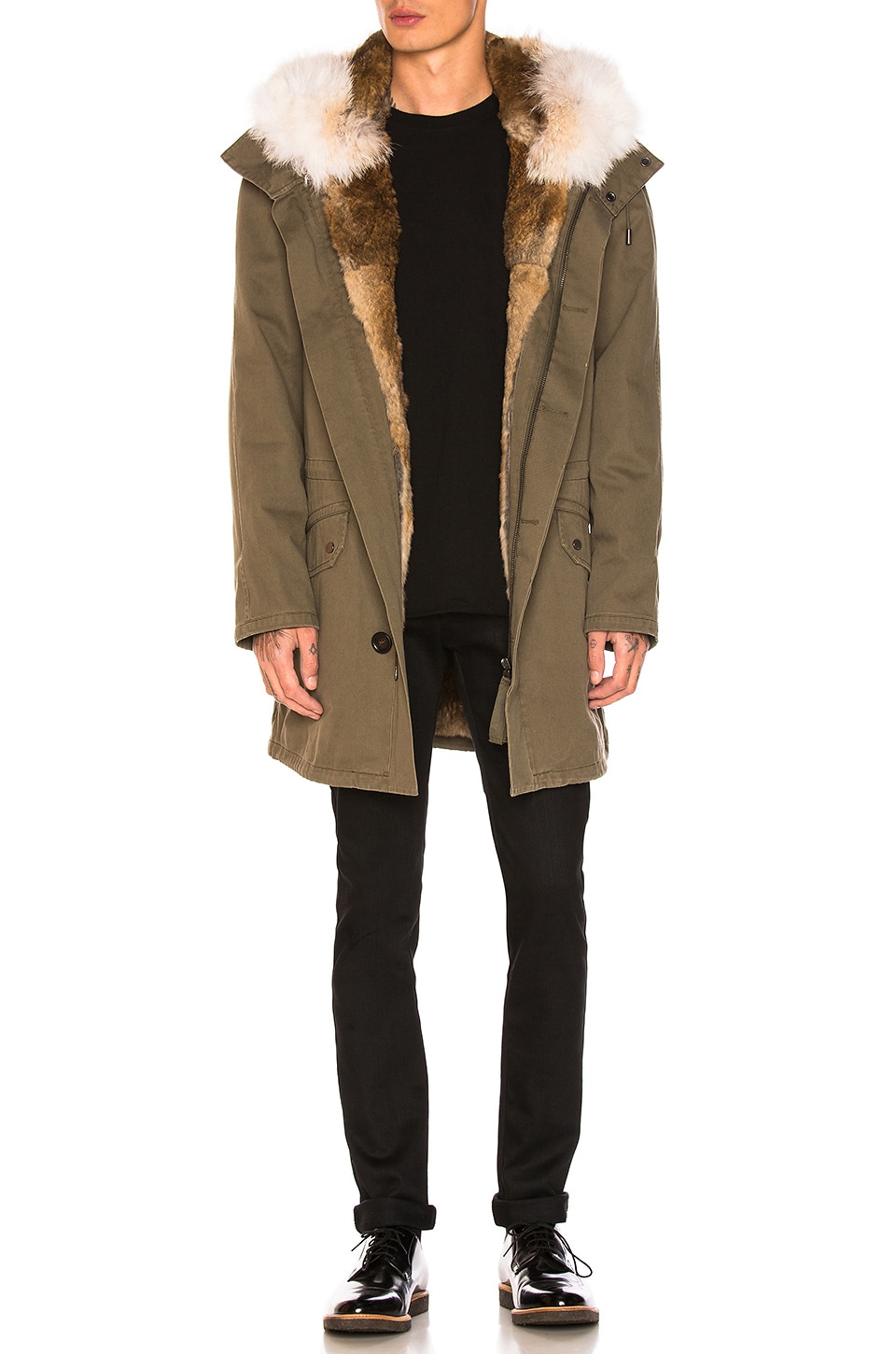 Image 1 of Cotton Parka with Rabbit and Coyote Fur in Hunter Green & Oil