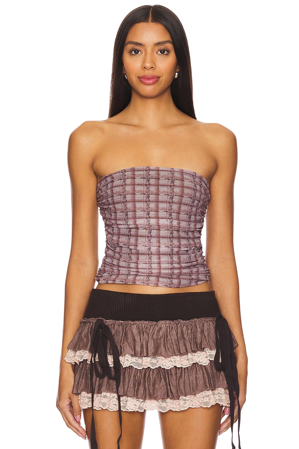 Zemeta Checkered Tube Top in Pink & Brown | REVOLVE