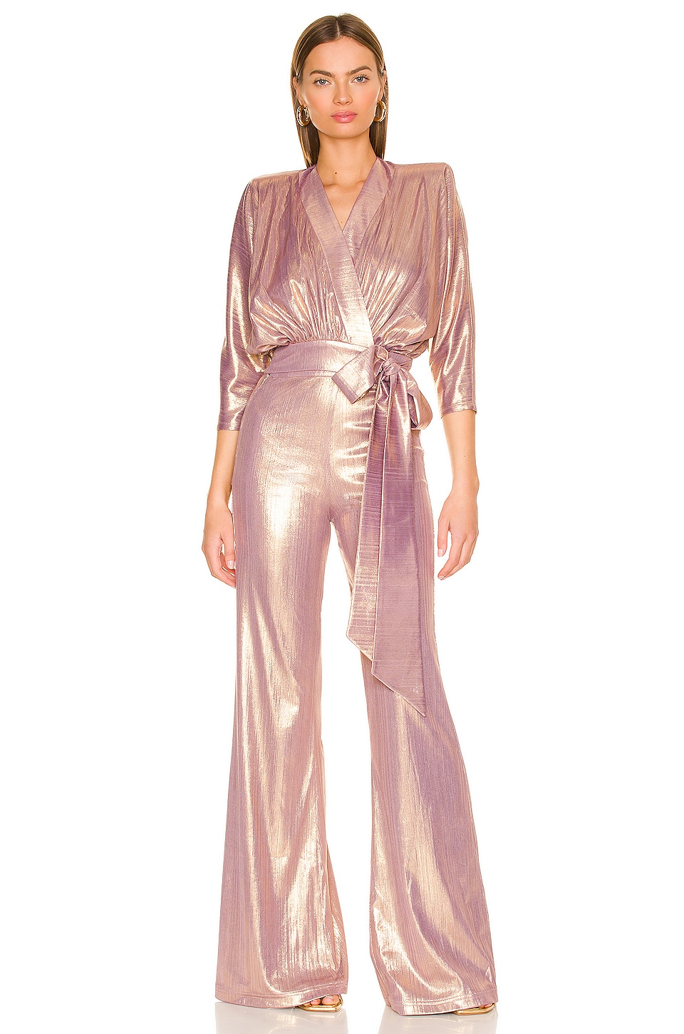 Metallic Purple Rose Gold Designer Jumpsuit for Evening with Long Sleeves and Belt