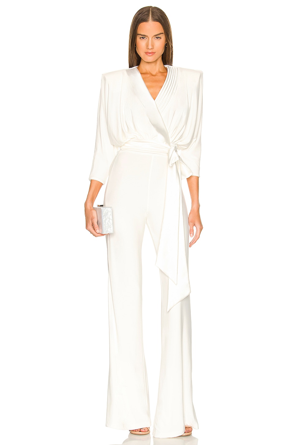 White Jumpsuit for Bride Rehearsal Dinner with Padded Shoulders and Tie Waist