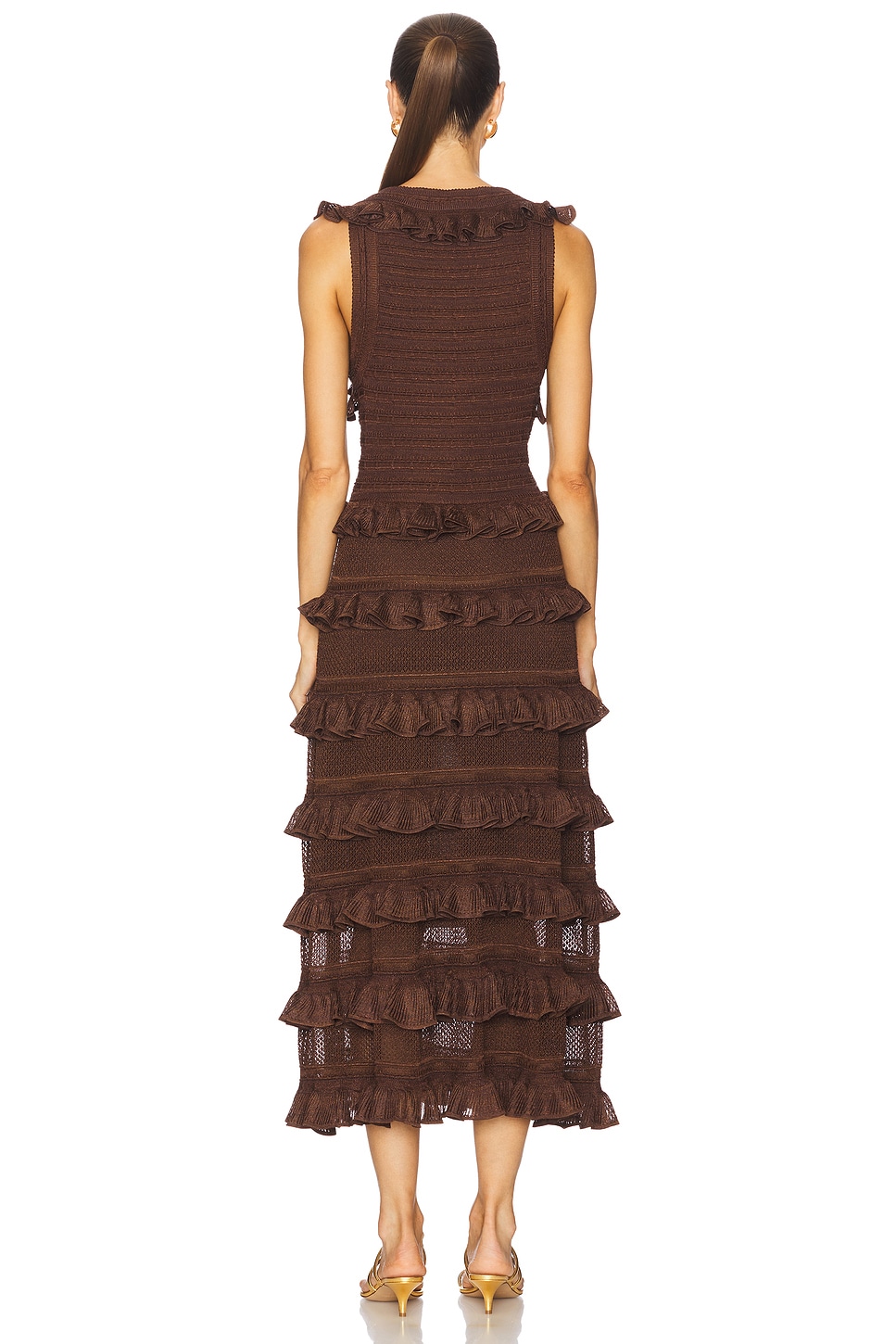 Zimmermann Lace Frill Midi Dress in Metallic Chocolate | REVOLVE