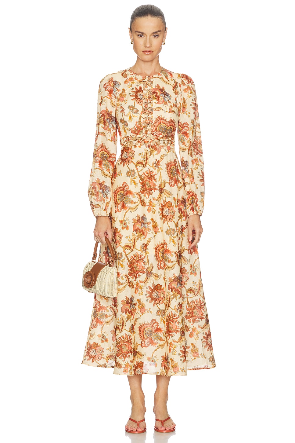zimmermann dress cream Aster Long Sleeve Midi Dress