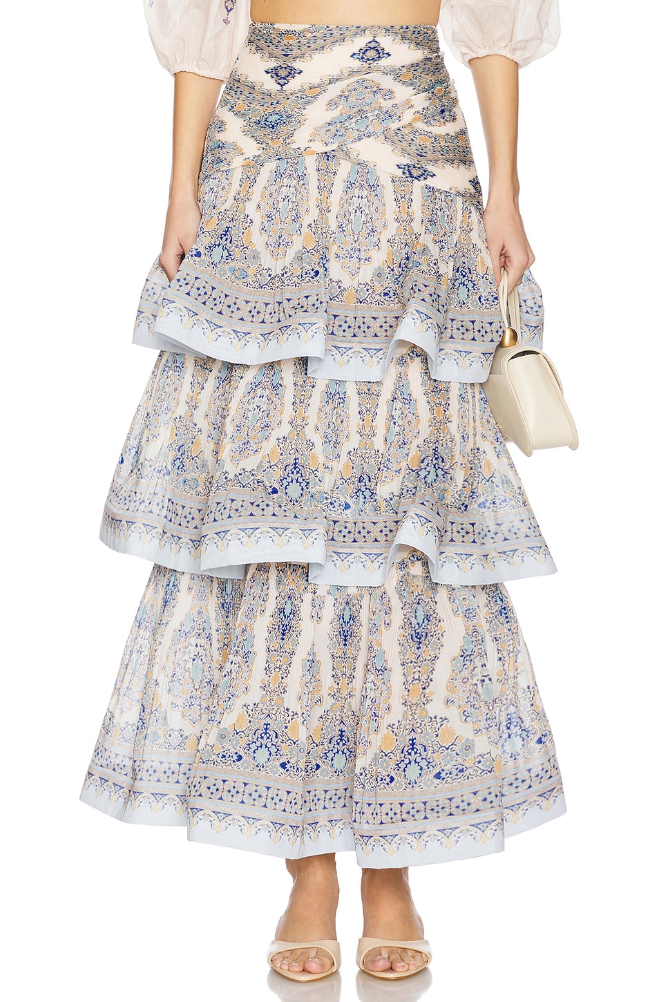 Zimmermann Tiered Pleated Skirt in Blue Paisley | REVOLVE