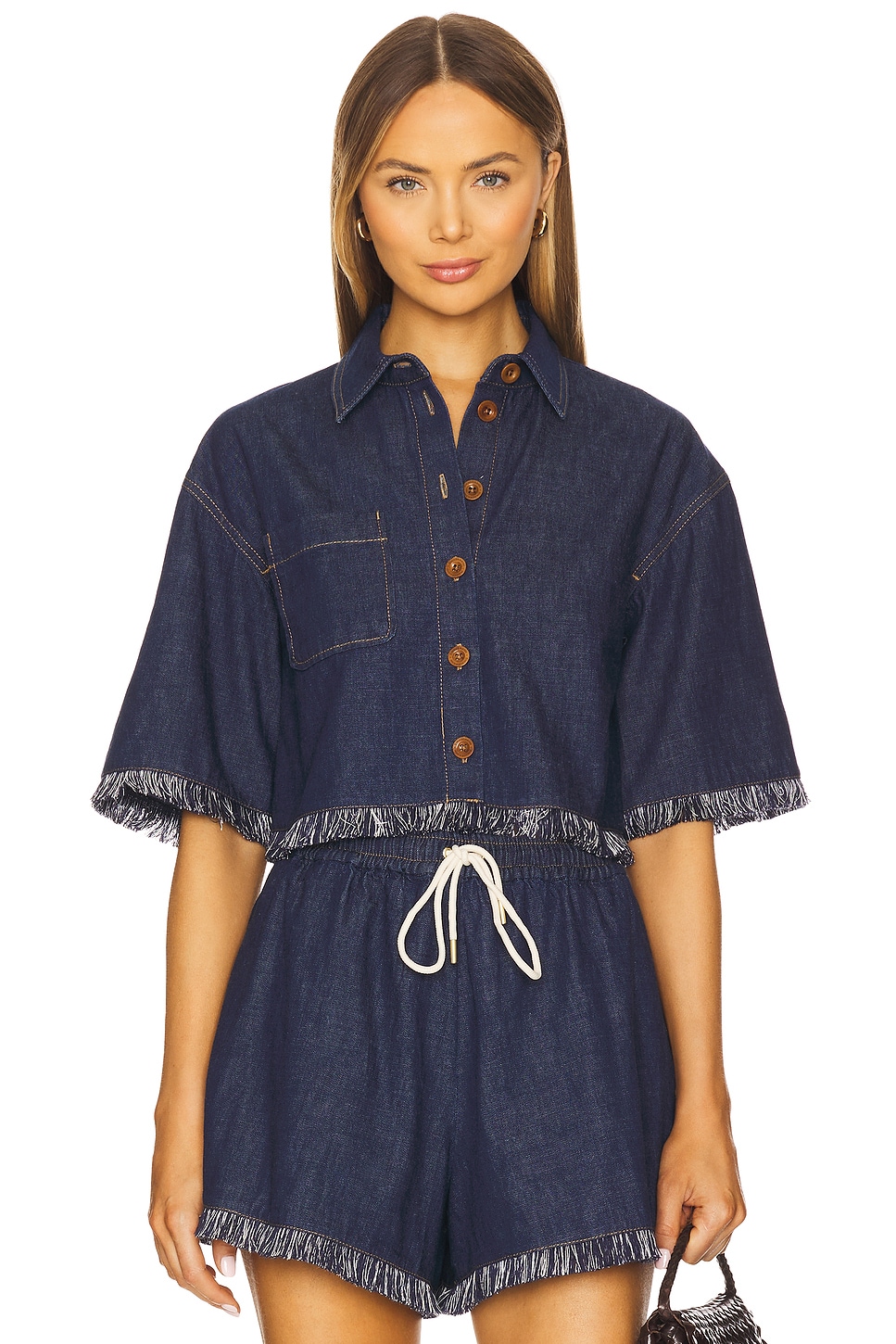 Zimmermann Rhiannon Fringe Denim Shirt in Atlantic | REVOLVE
