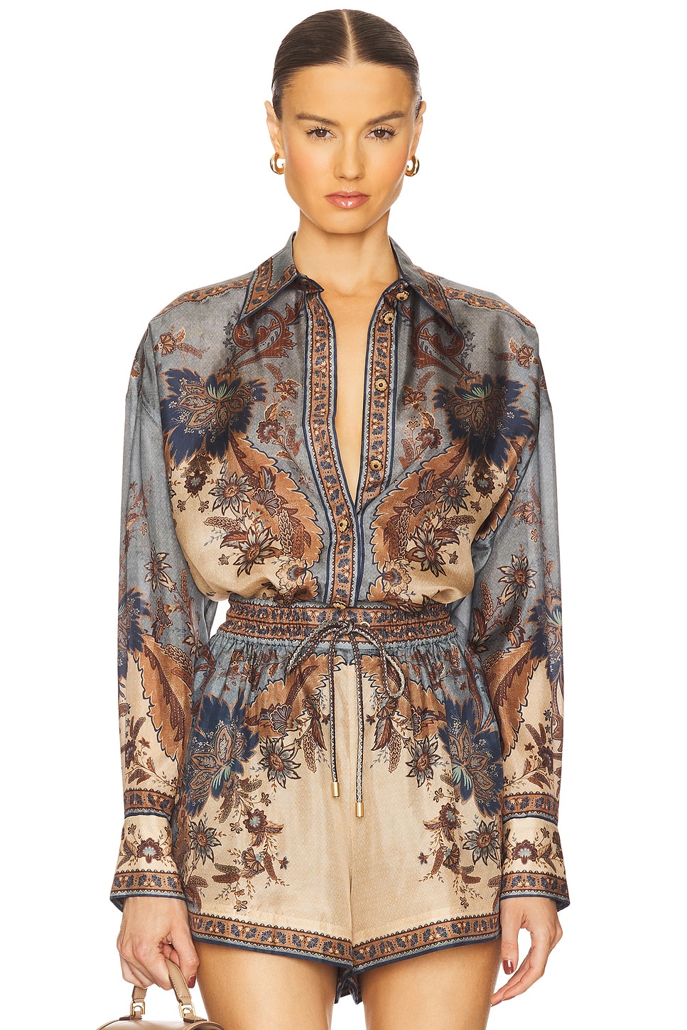 花柄【ZIMMERMANN】Ascension マンスタイル シャツ&ショーツ Zimmermann Ascension Manstyle Shirt in Blue & Cream Indienne