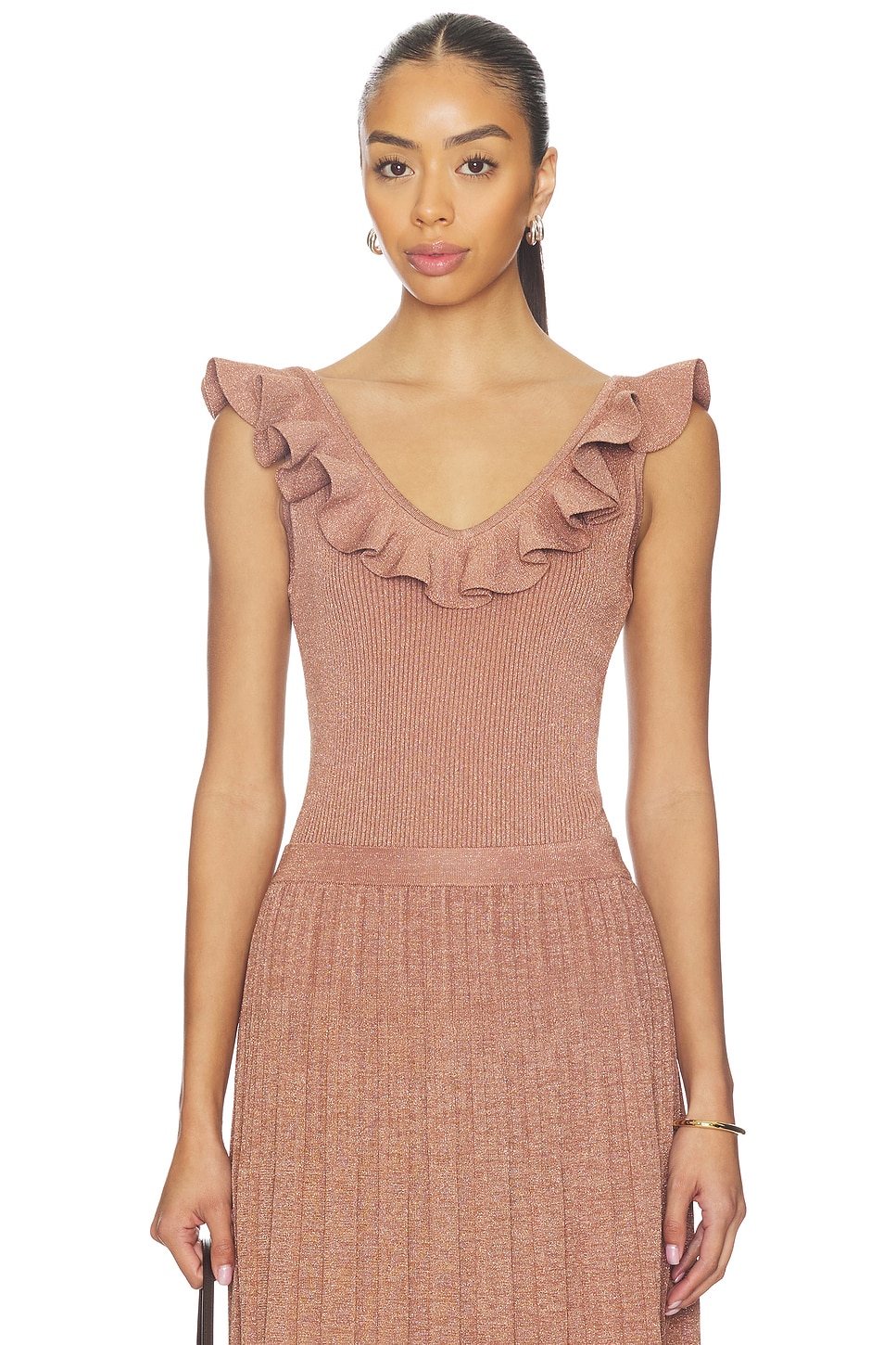 Zimmermann Wanderlust Metallic Frill Top in Metallic Dusty Rose
