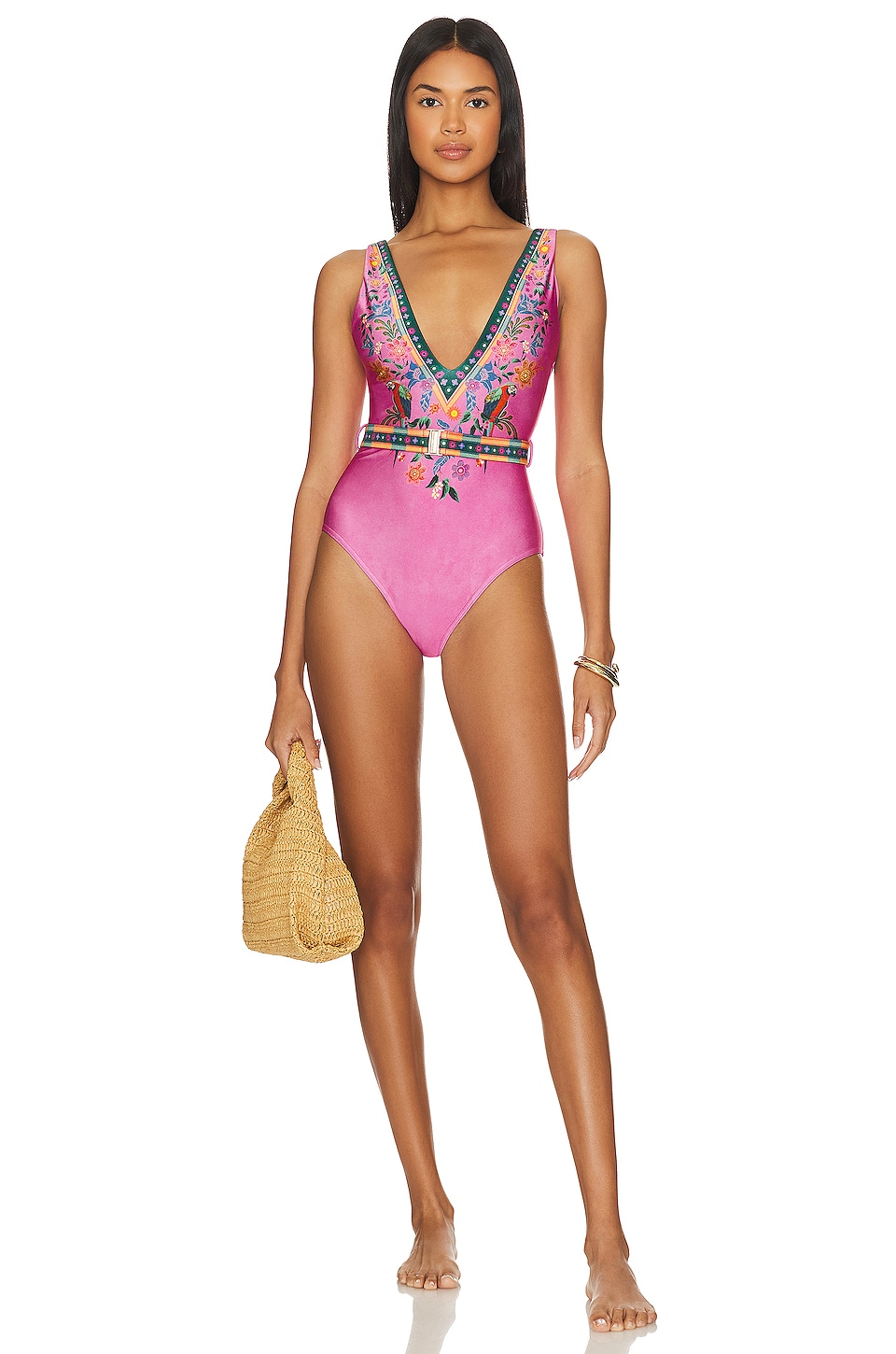 Tropical Lace-Up Plunge One-Piece Swimsuit - Black Multi