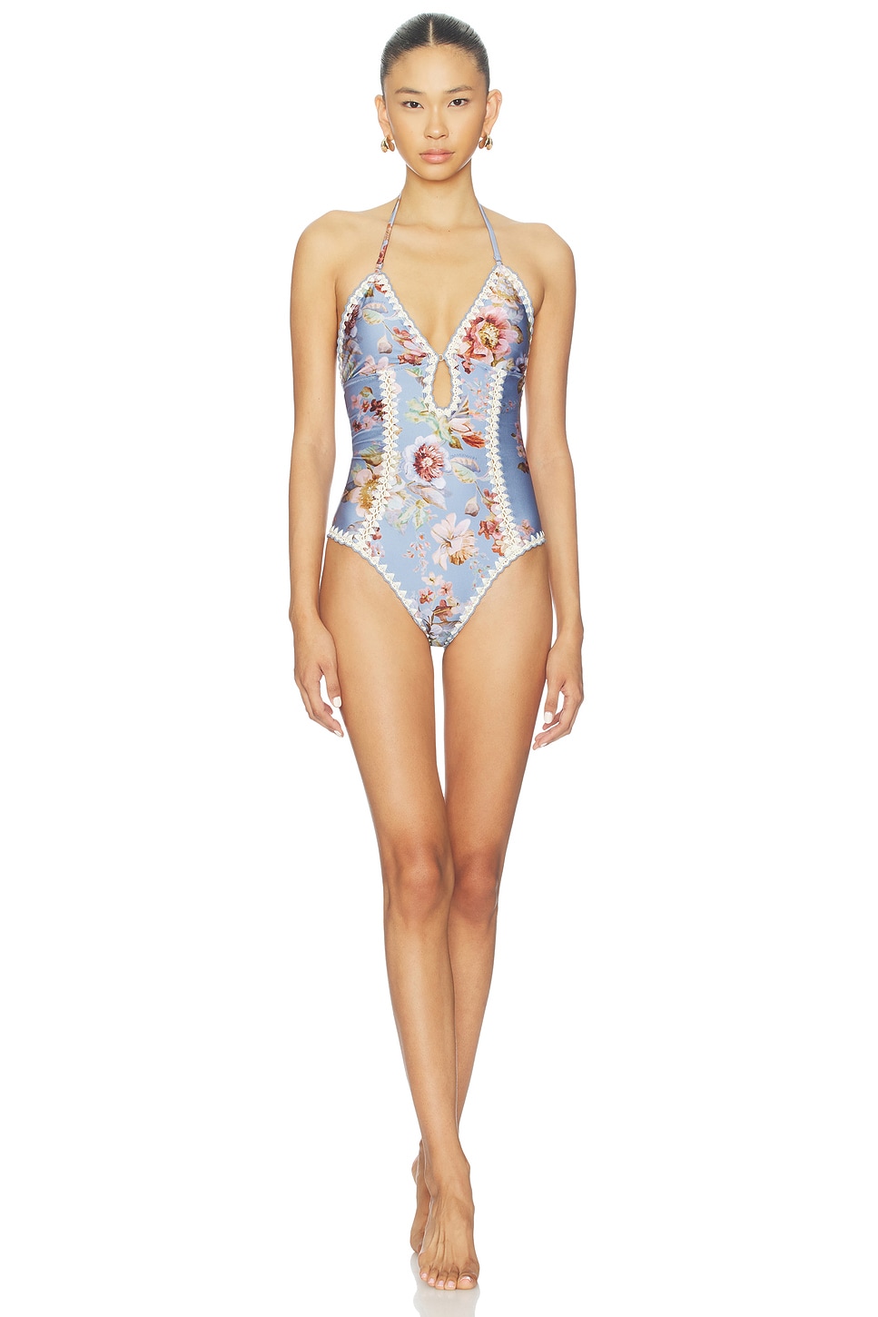Zimmermann Awaken Crochet Keyhole One Piece Swimsuit in Chambray