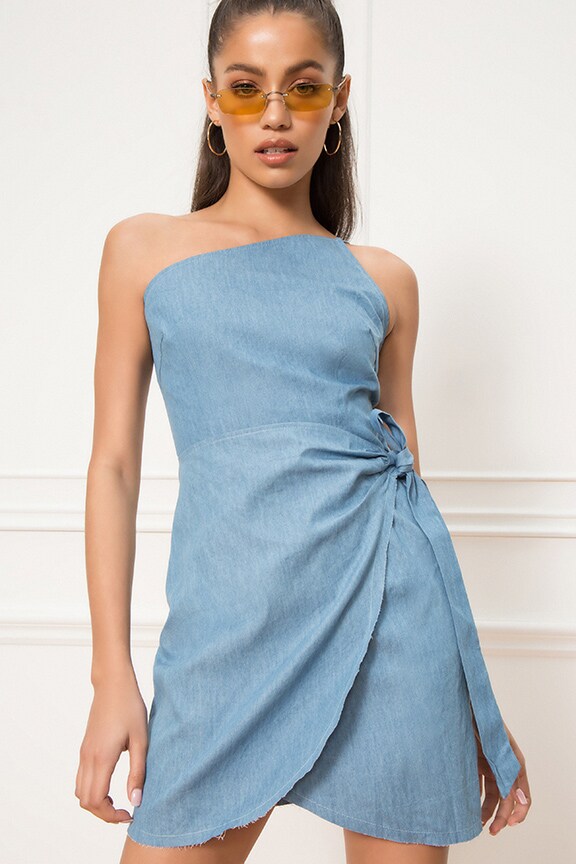 Image 1 of Wendy One Shoulder Tie Dress in Chambray