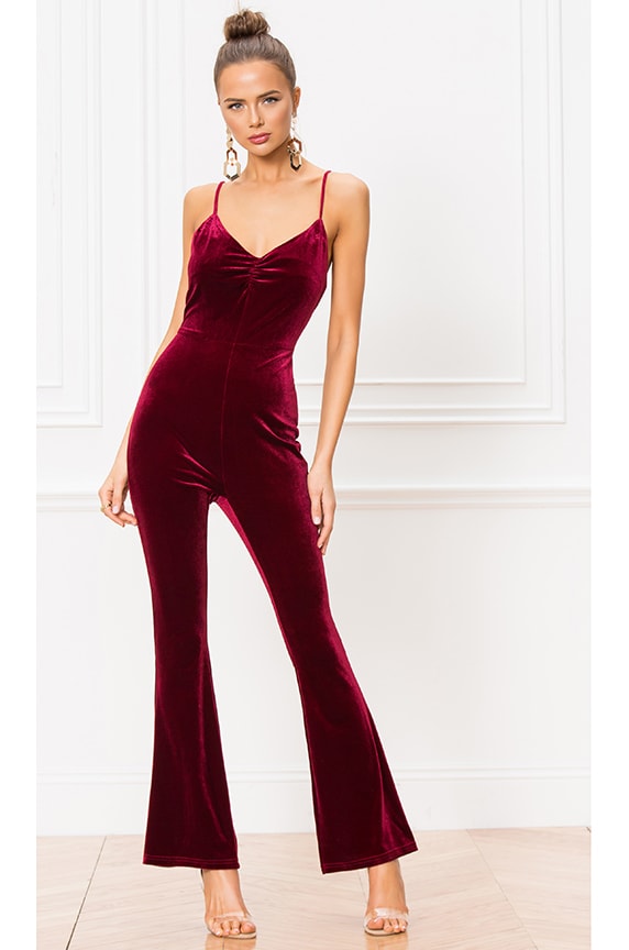 Image 1 of Lili Velvet Ruched Jumpsuit in Wine Red