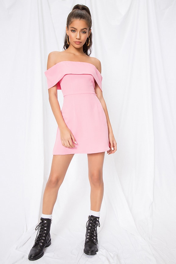 pink off the shoulder dress with sleeves