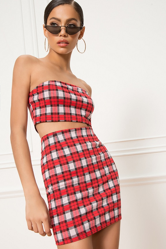Image 1 of Jenna Strapless Set in Red Plaid
