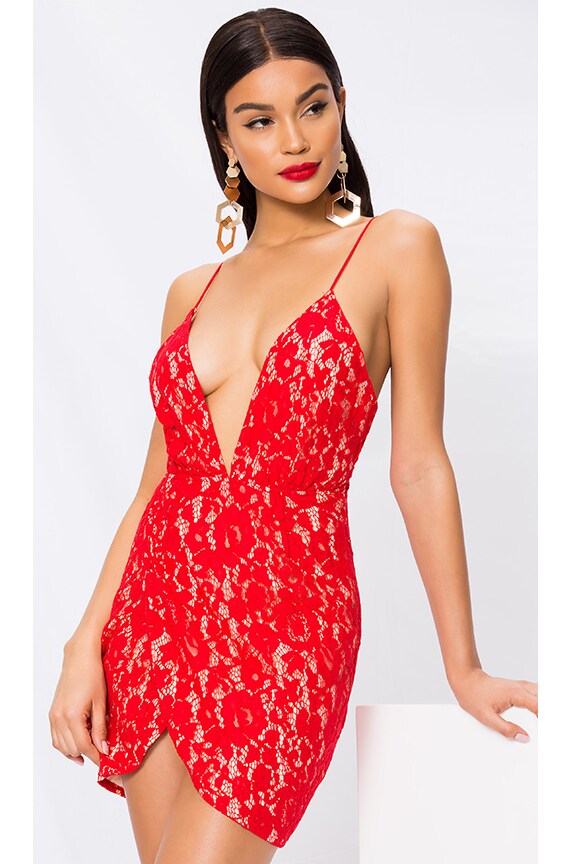 Image 1 of Vivian Deep V Dress in Red Lace