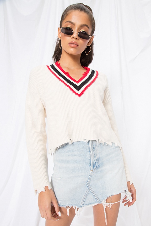Image 1 of Elsa Distressed Cropped Sweater in Cream Multi