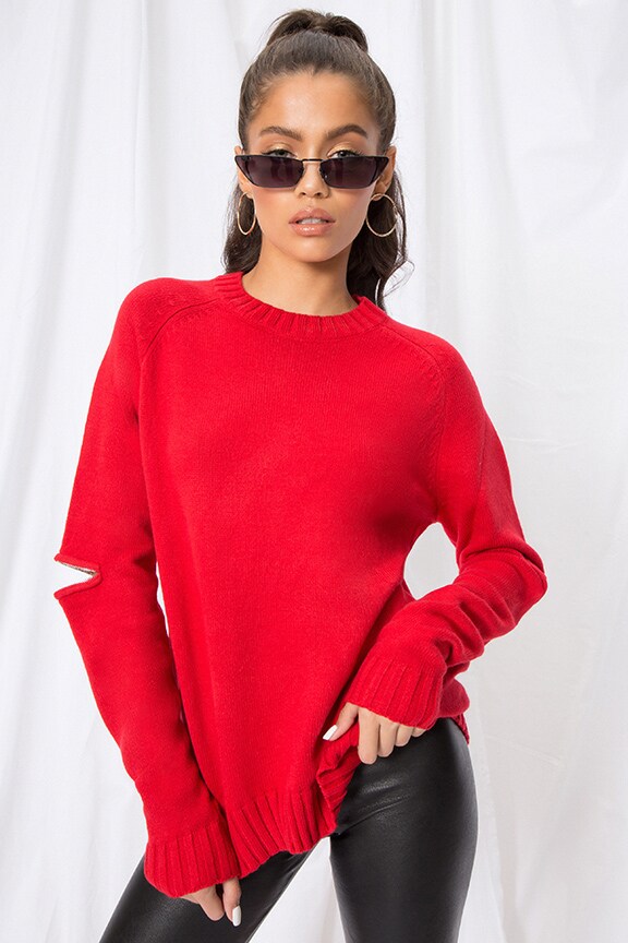 Image 1 of Dominique Zip Sleeve Sweater in Red