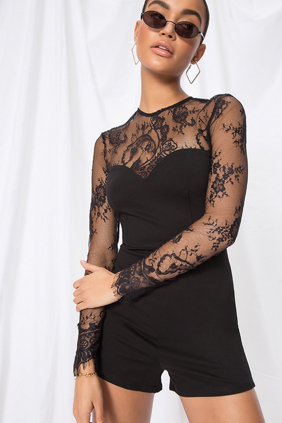Image 1 of Veronica Lace Sleeve Romper in Black