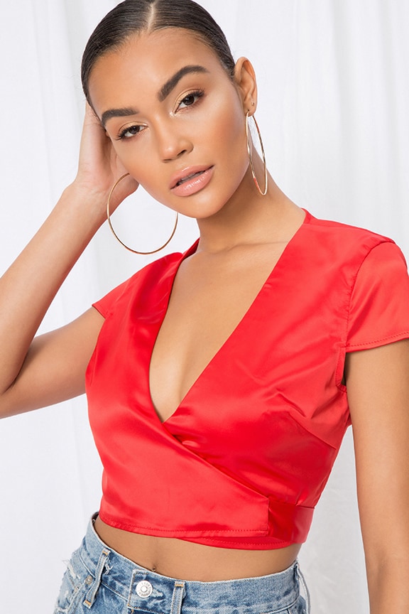 Image 1 of Thalia Satin Wrap Crop Top in Red