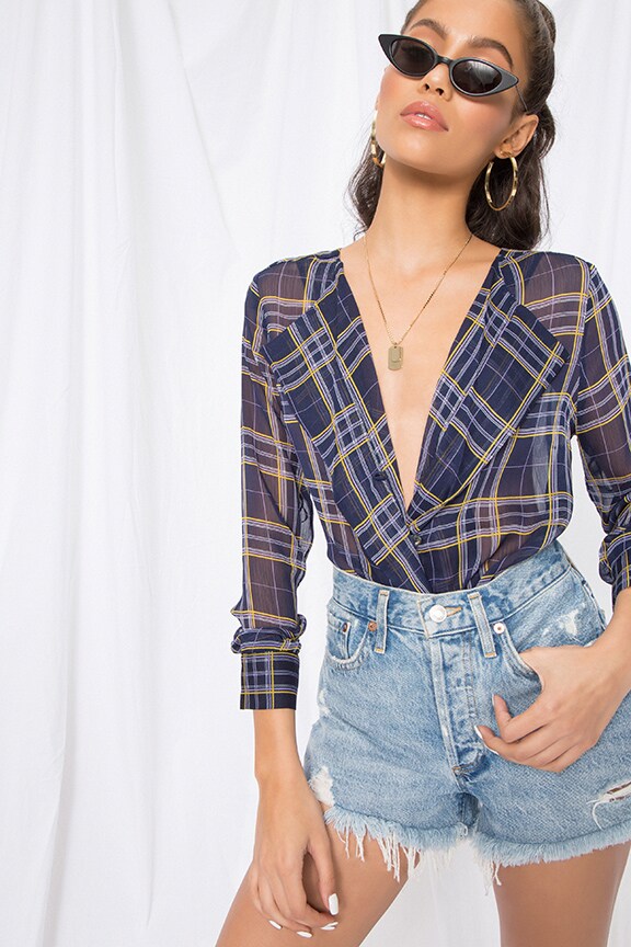 Image 1 of Kinsley Button Up Blouse in Navy Plaid Chiffon