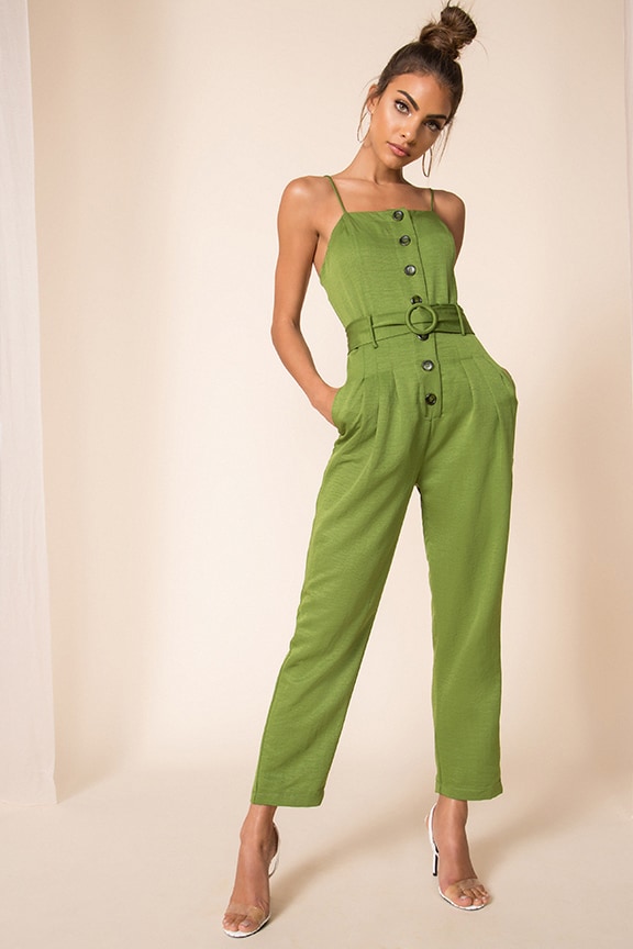 Image 1 of Strapless Belted Jumpsuit in Moss
