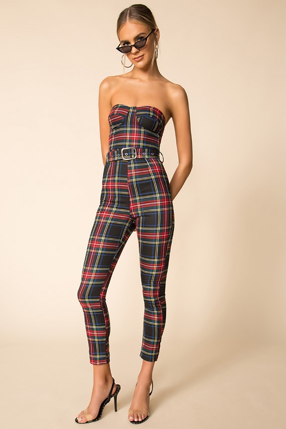 Image 1 of Sable Strapless Jumpsuit in Plaid Multi