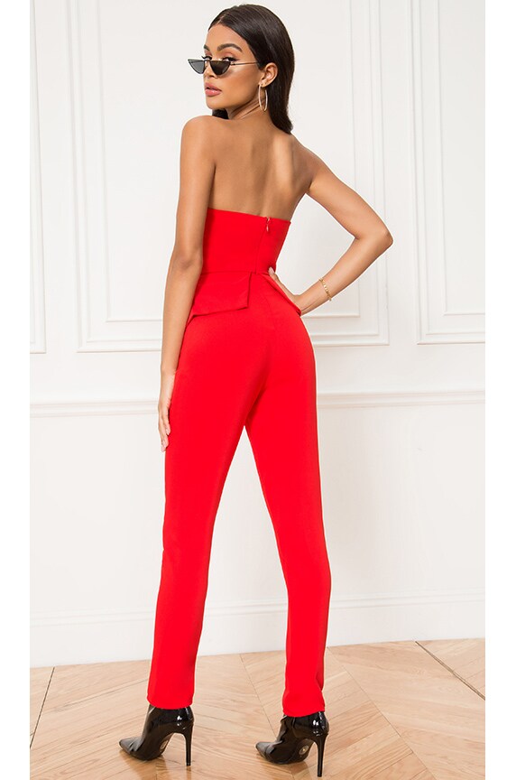 red strapless jumpsuit