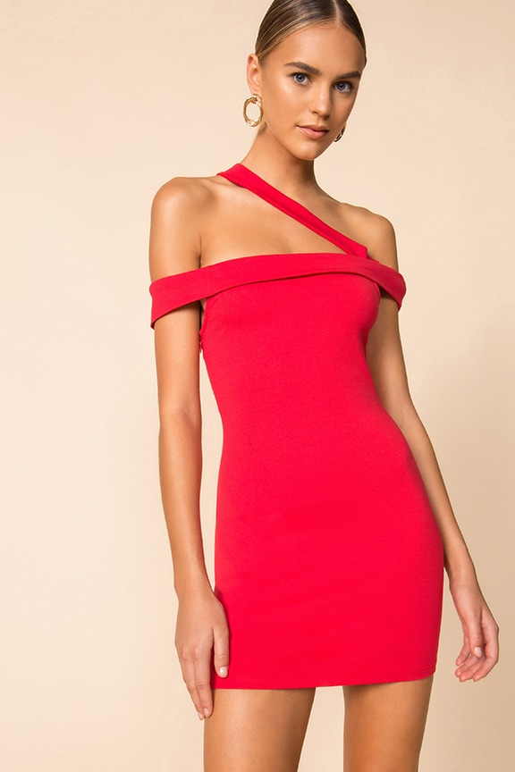 Image 1 of Linda Asymmetric Bodycon Dress in Red