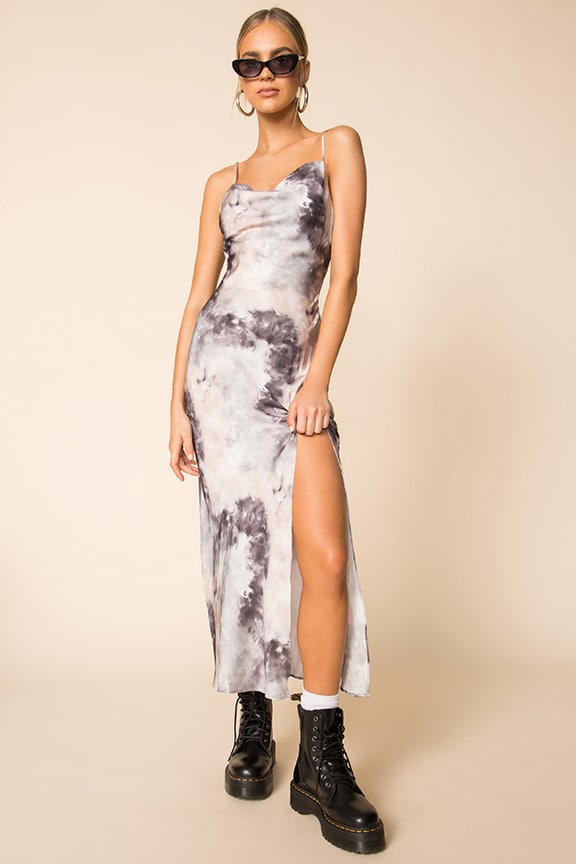Image 1 of Krystal Slit Maxi Dress in Grey Tie Dye
