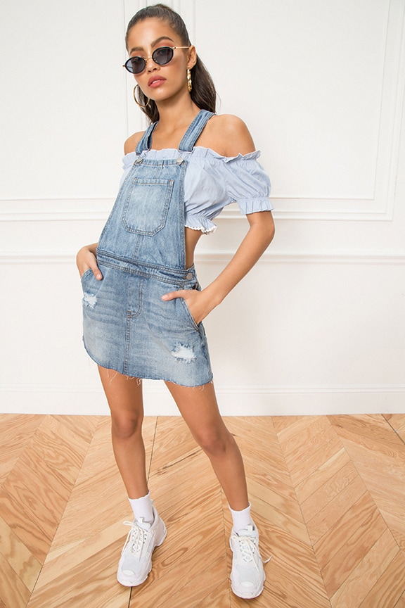 Image 1 of Candy Overall Skirt Dress in Light Wash