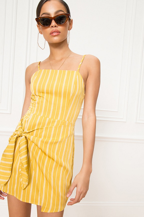 Image 1 of Ashleigh Wrap Tie Dress in Yellow Stripe