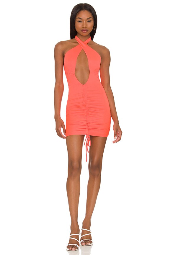 Image 1 of Ariya Ruched Halter Dress in Neon Orange