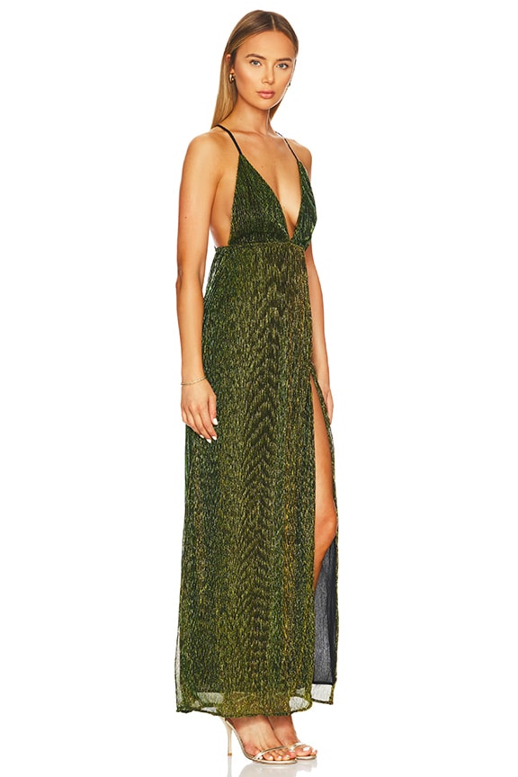 Shop Superdown Hailee High Slit Maxi Dress In Green Metallic