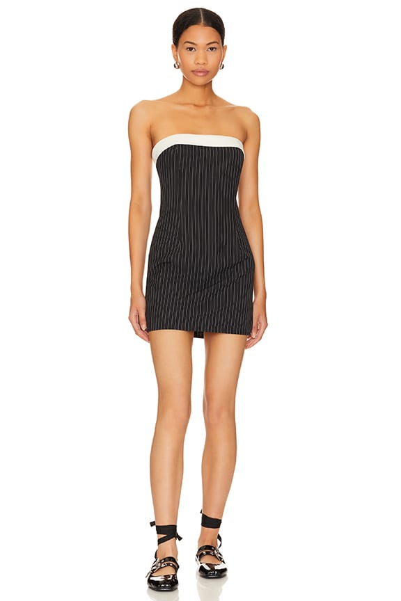 Image 1 of Tate Strapless Mini Dress in Black Pinstripe