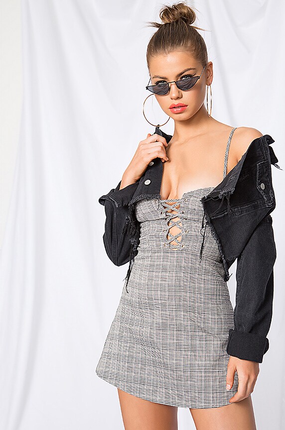 Image 1 of Sandy Lace Up Dress in Grey Plaid