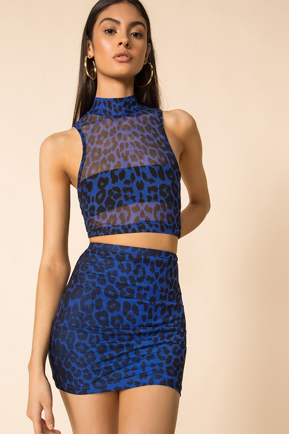 Image 1 of Rochelle Mesh Skirt Set in Cobalt Leopard