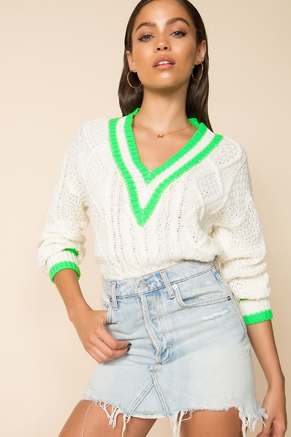 Image 1 of Karen Deep V Sweater in Cream & Neon Green
