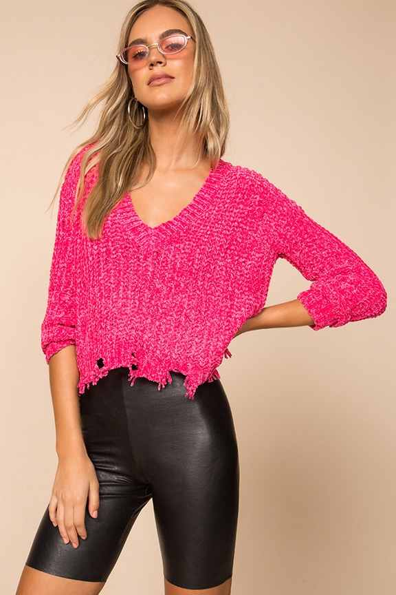 Image 1 of Torie Distressed Sweater in Hot Pink