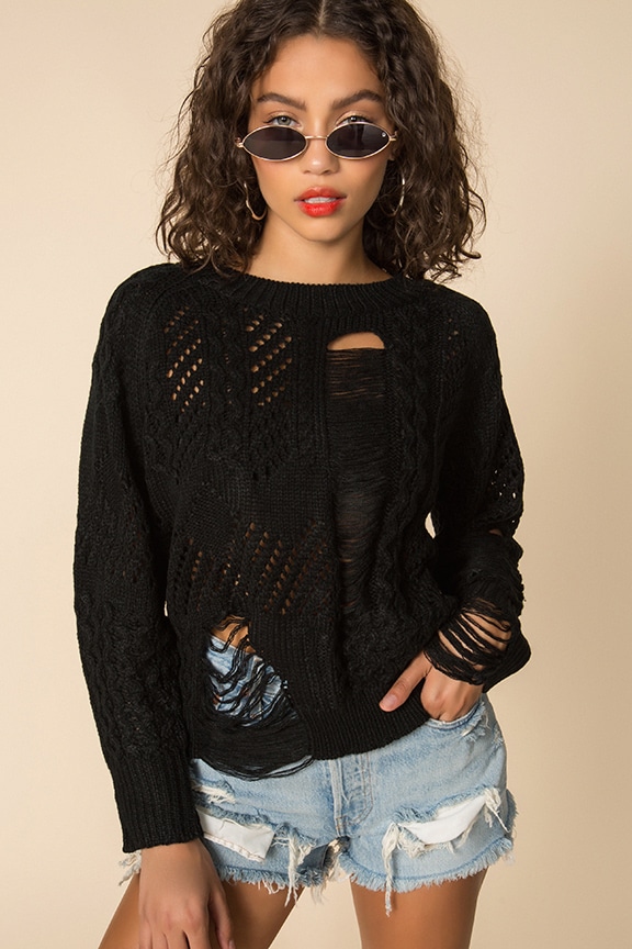 Image 1 of Grayson Distressed Sweater in Black