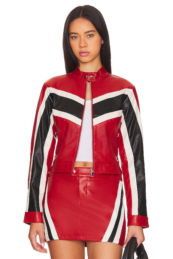 Image 1 of Jackie Faux Leather Moto Jacket in Red
