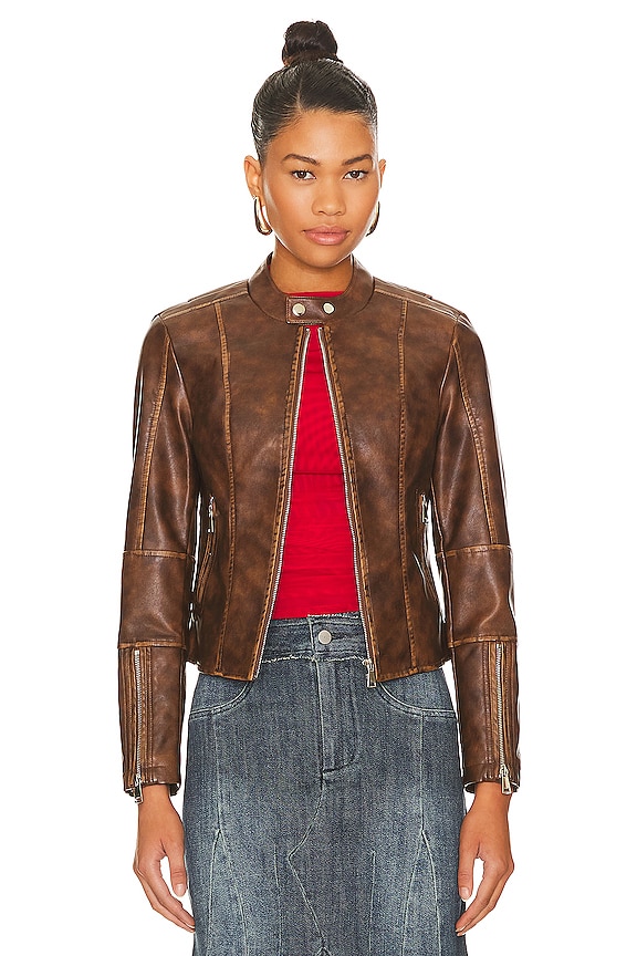 Image 1 of Steph Faux Leather Moto Jacket in Brown