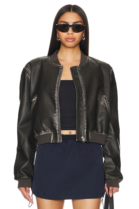 Image 1 of Neveah Faux Leather Bomber in Black