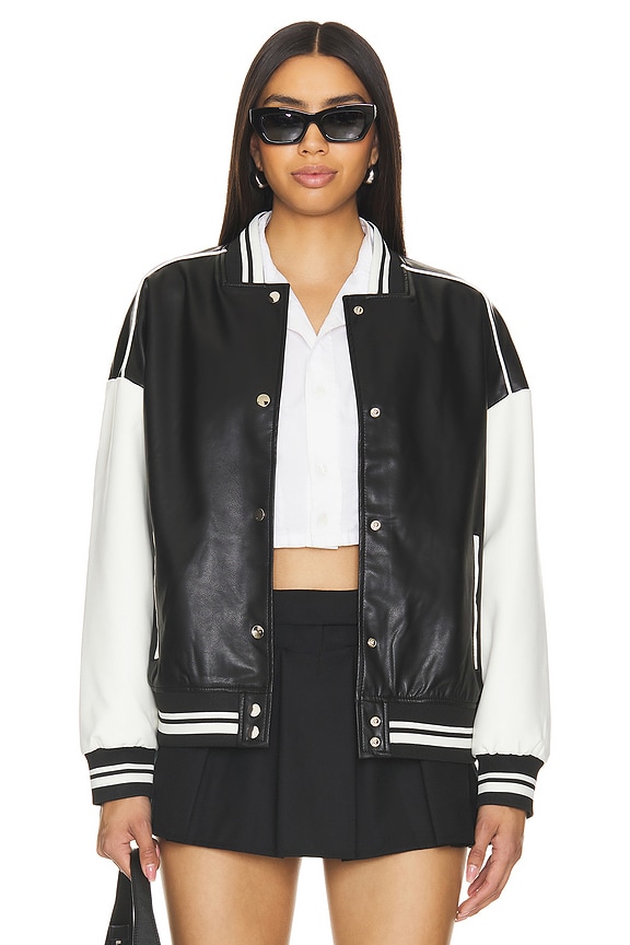 Image 1 of Parker Faux Leather Varsity Jacket in Black & White